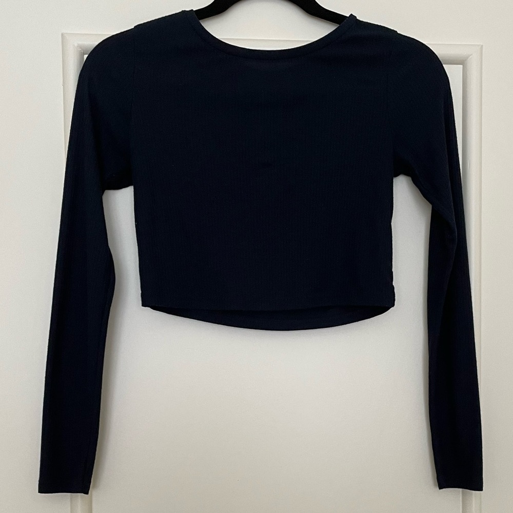 Topshop Crop Top Navy Blue Long Sleeve Ribbed Size 2 Basic Essential